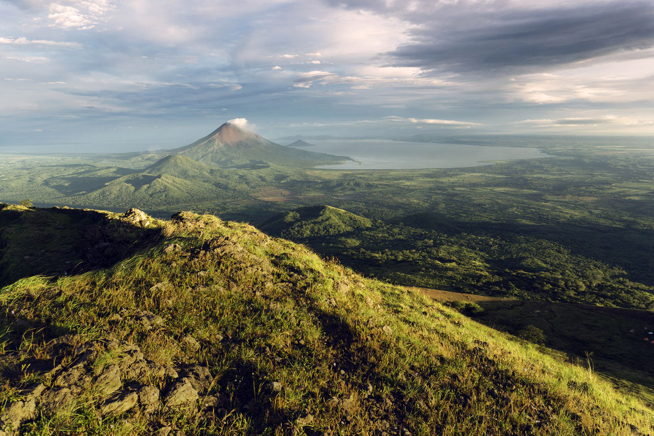 Aerial view of Concepcion Volcano green landscape against cloudy sky